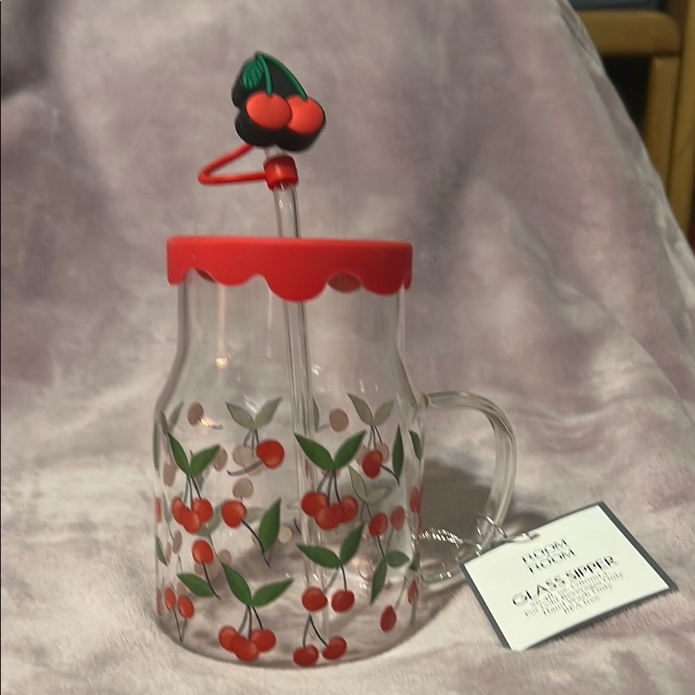 Cherry Glass Mug with Straw